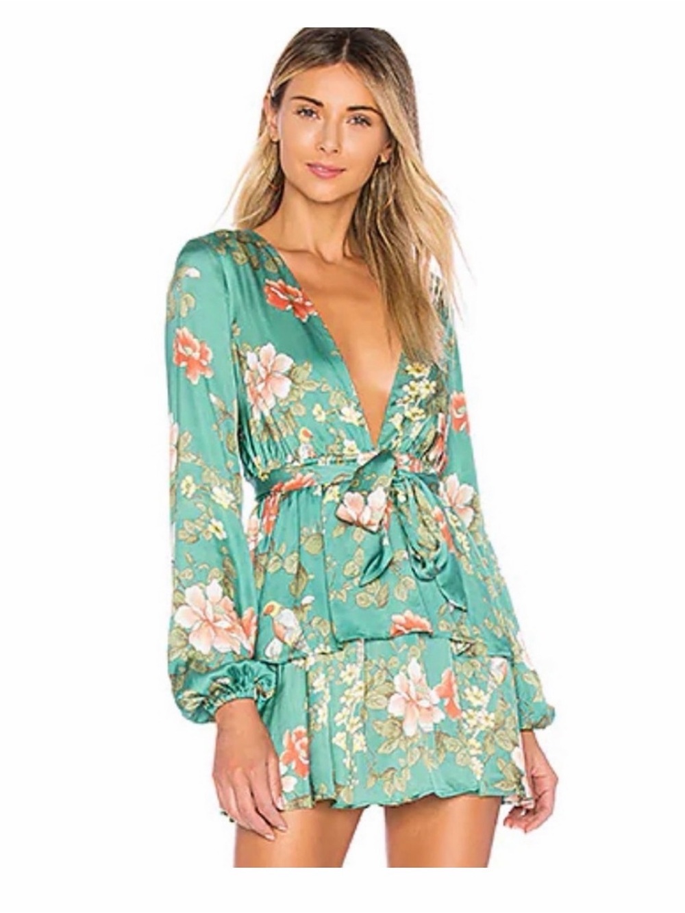 REVOLVE Teal Floral Wrap Midi Dress